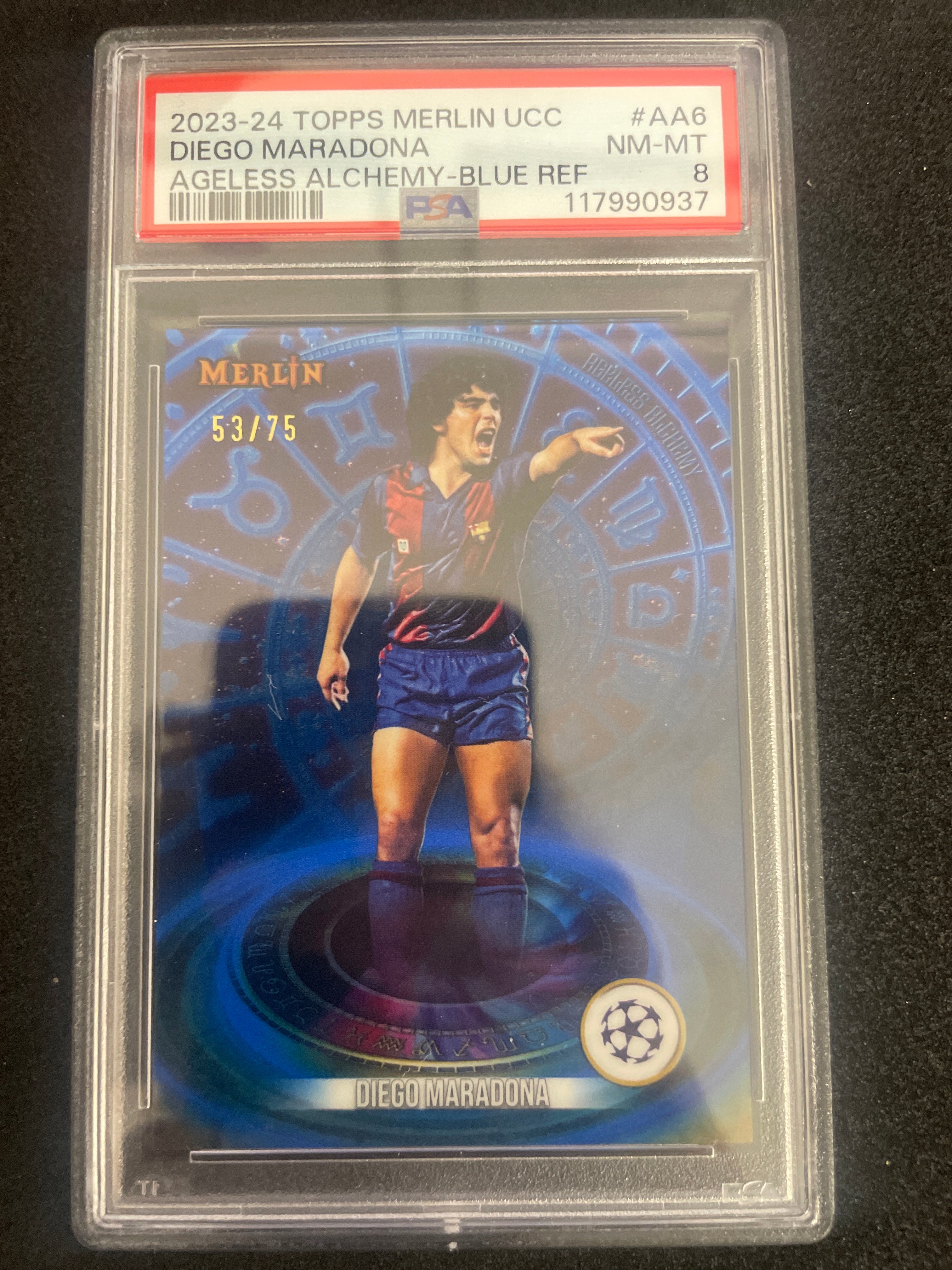 2023-24 Topps Merlin UCC Diego Maradona Ageless Alchemy-Blue refractor NM-MT PSA 8 /75