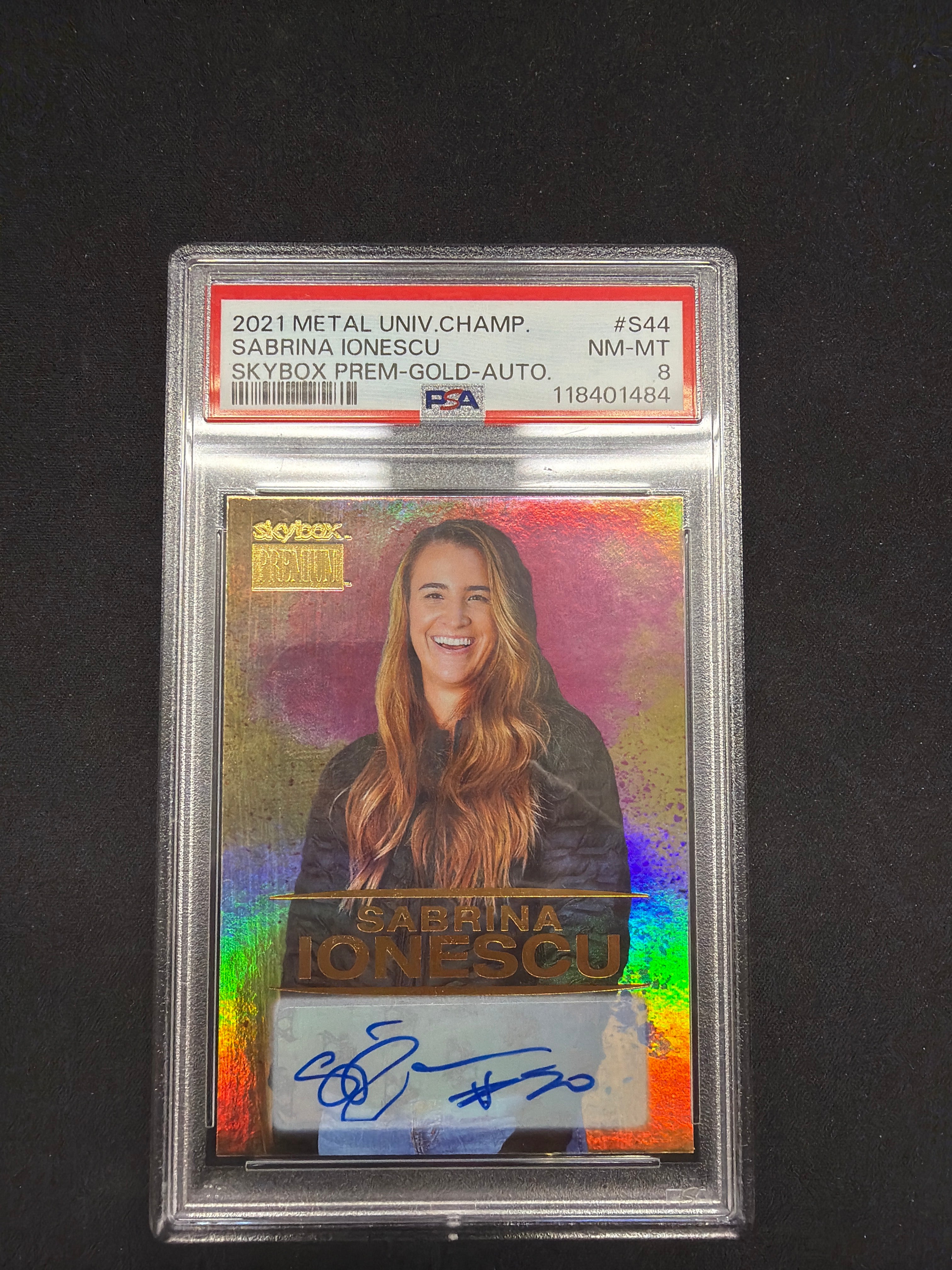 2021 Metal Universe Champions Sabrina Ionescu Skybox Premium-Gold-Auto PSA NM-MT 8