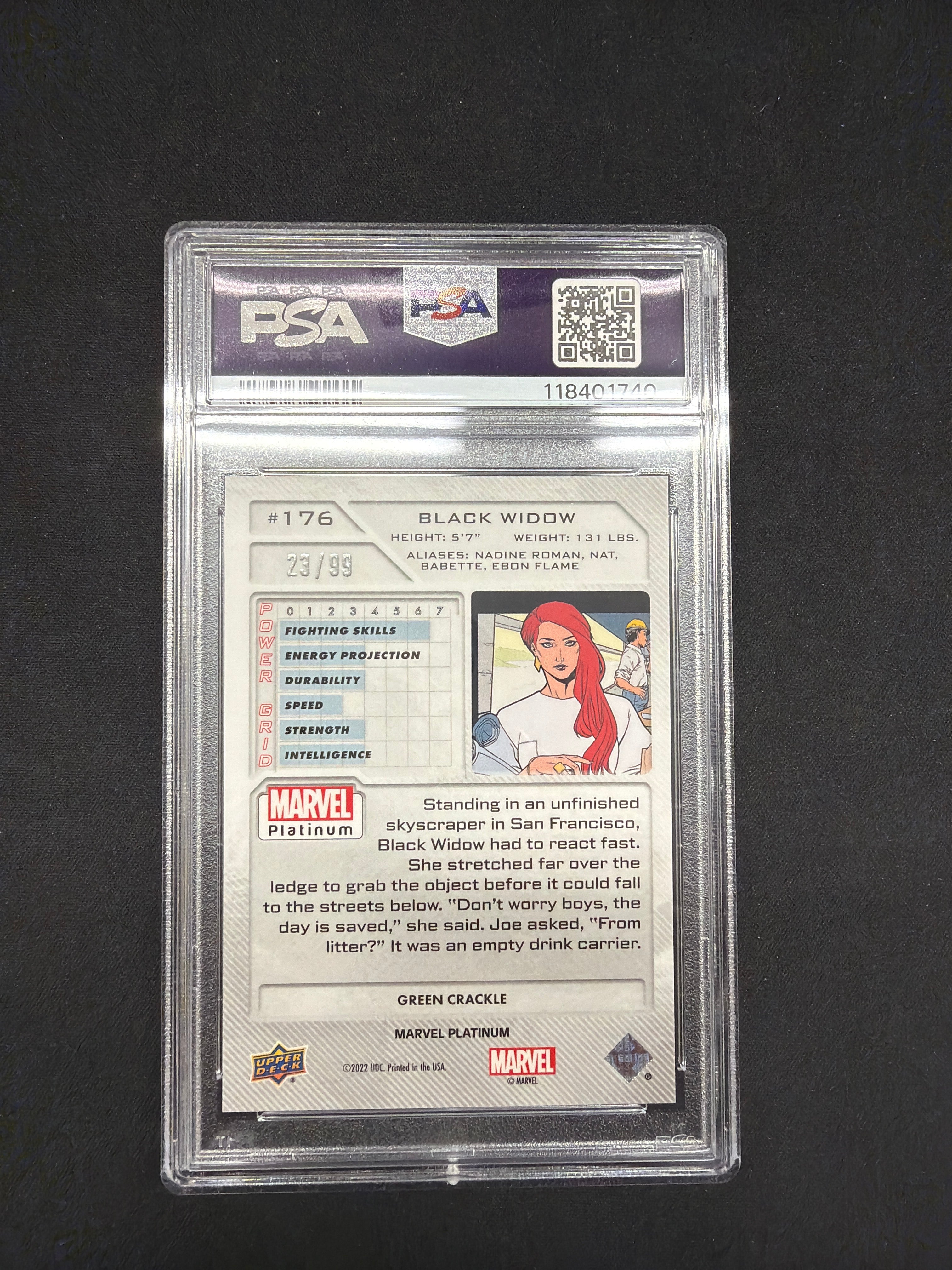 2023 Marvel Platinum Black Widow Green Crackle PSA Mint 9 /99