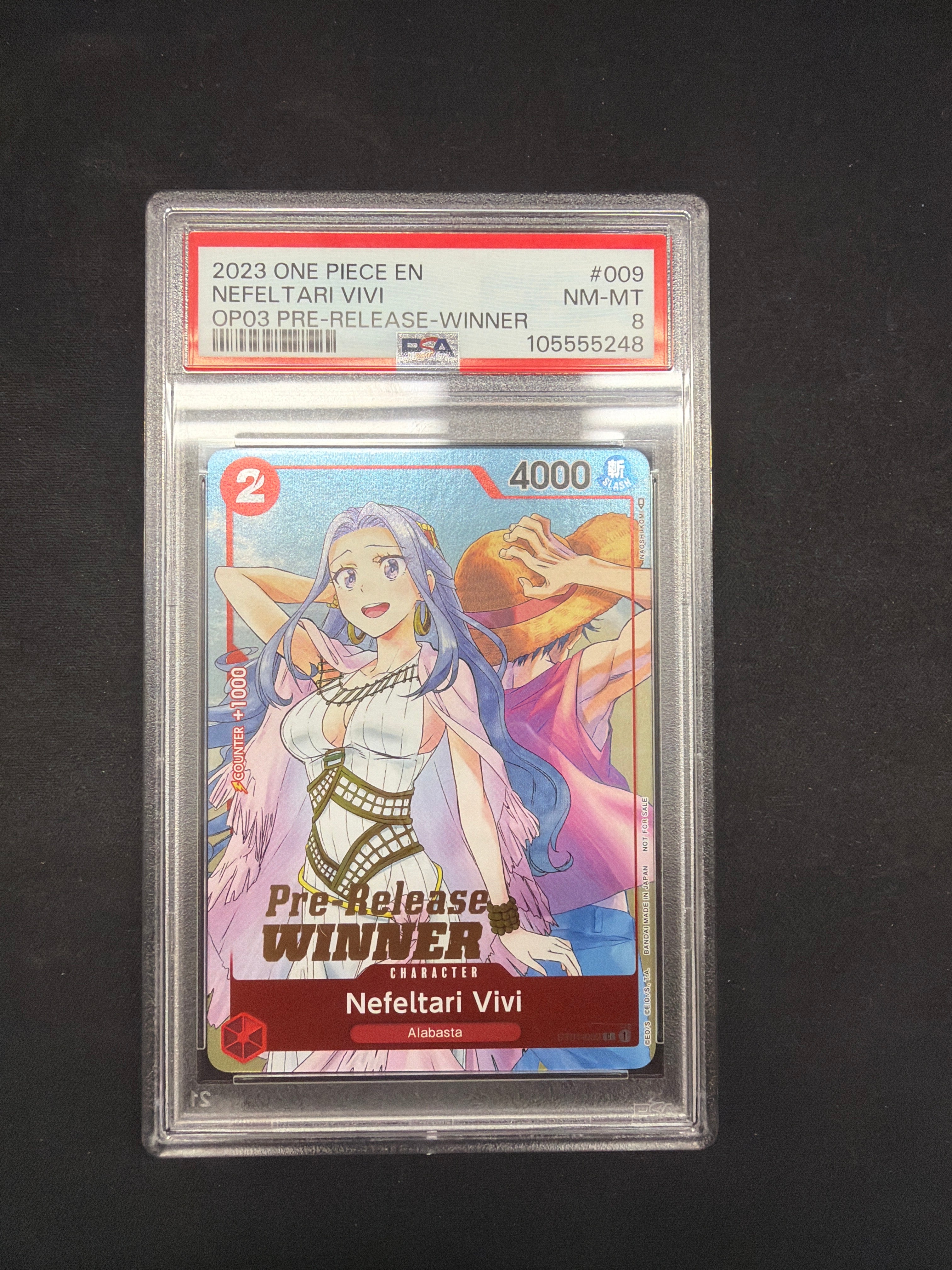 2023 One Piece En Nefeltari Vivi OP03 Pre-Release-Winner PSA NM-MT 8