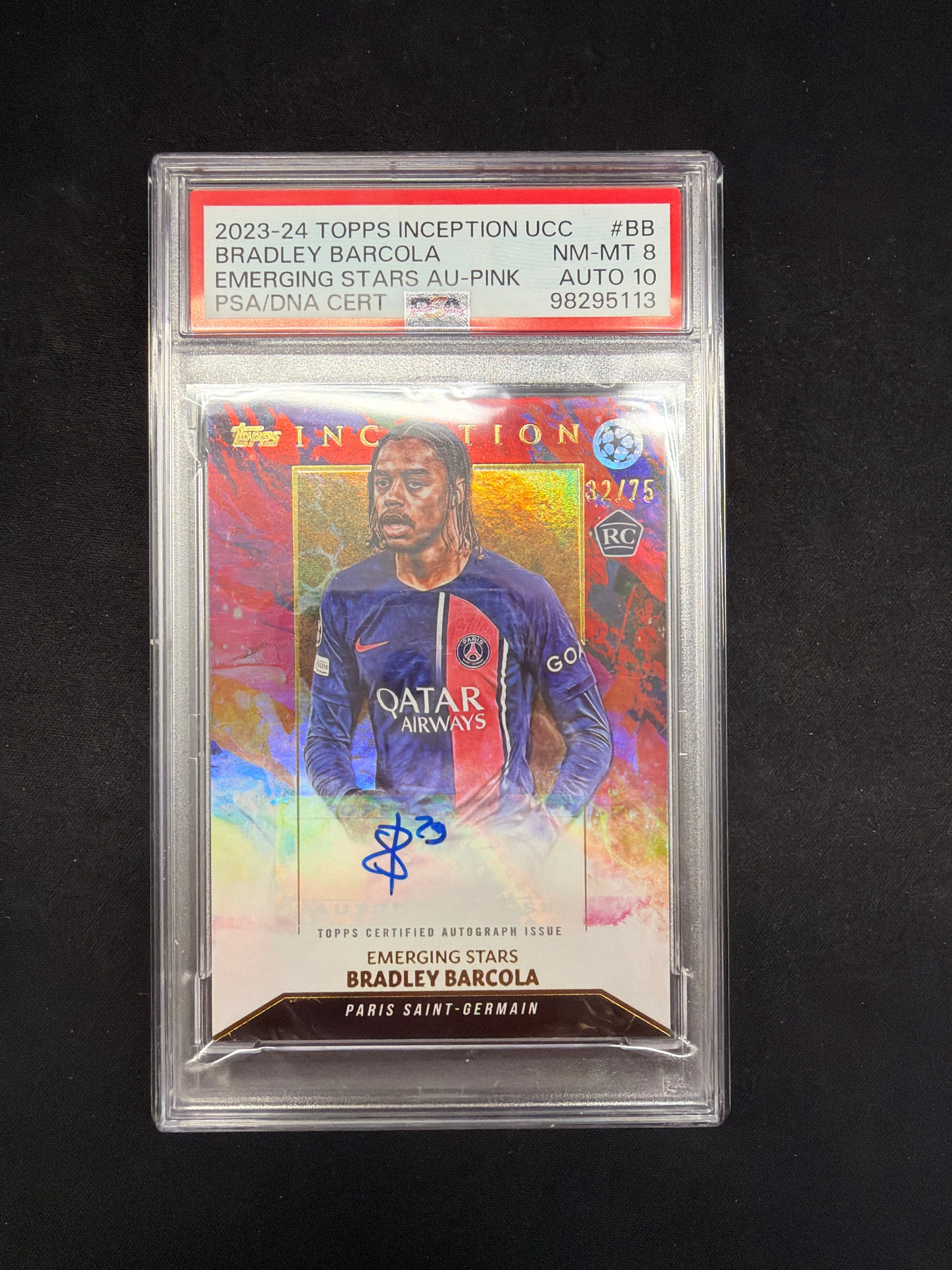 2023/24 Topps Inception UCC Bradley Barcola Rookie Emerging Stars AU-Pink PSA NM-MT 8 - Auto 10 /75