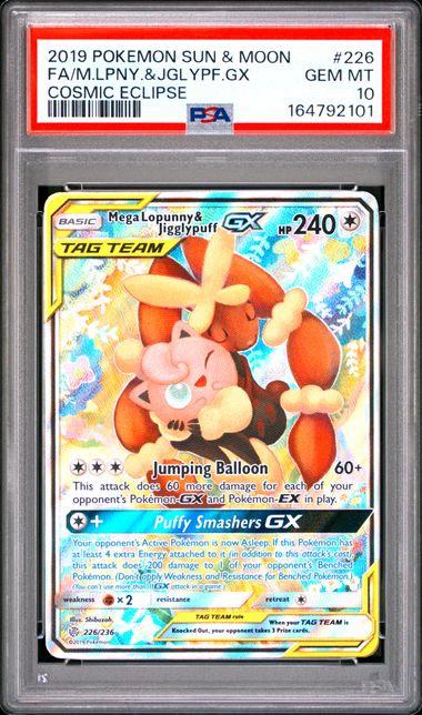 2019 POKEMON SUN & MOON COSMIC ECLIPSE #226 FA/M.LPNY.&JGLYPF.GX COSMIC ECLIPSE PSA 10