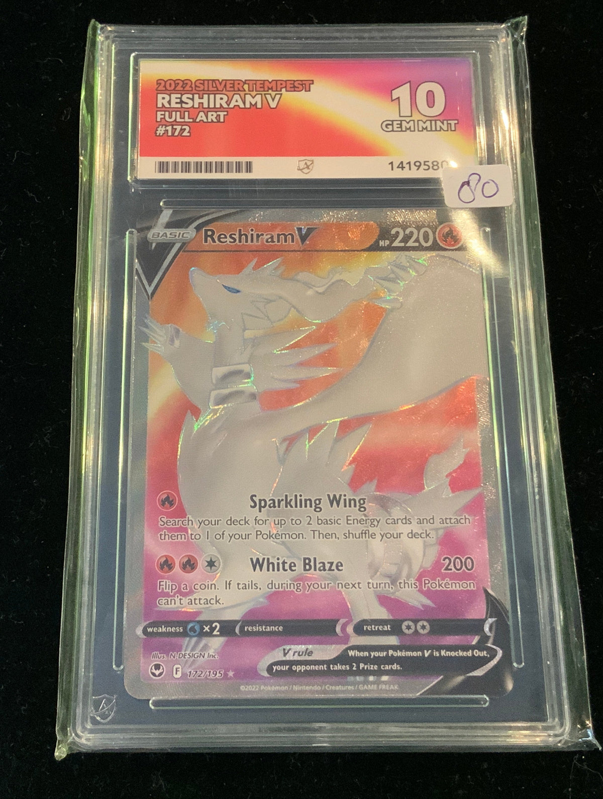ACE Gem Mint 10  2022 Silver Tempest Reshiram V Full Art #172