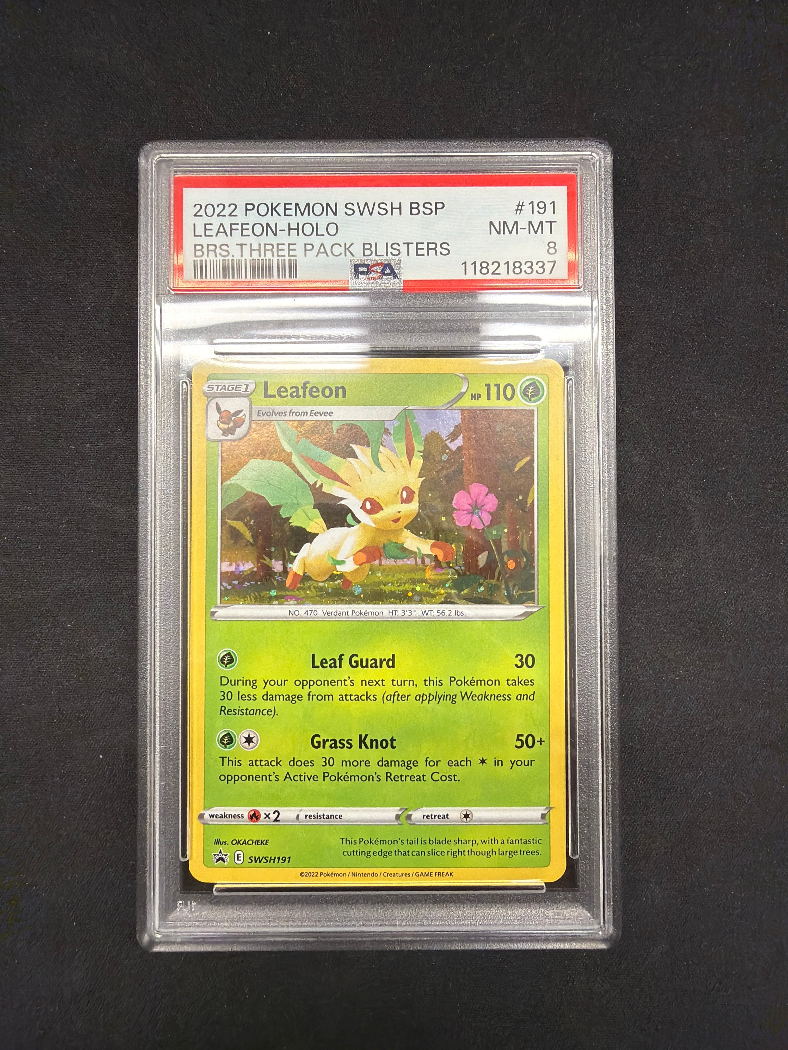 2022 Pokémon SWSH BSP Leafeon-Holo BRS. Three Pack Blisters PSA NM-MT 8