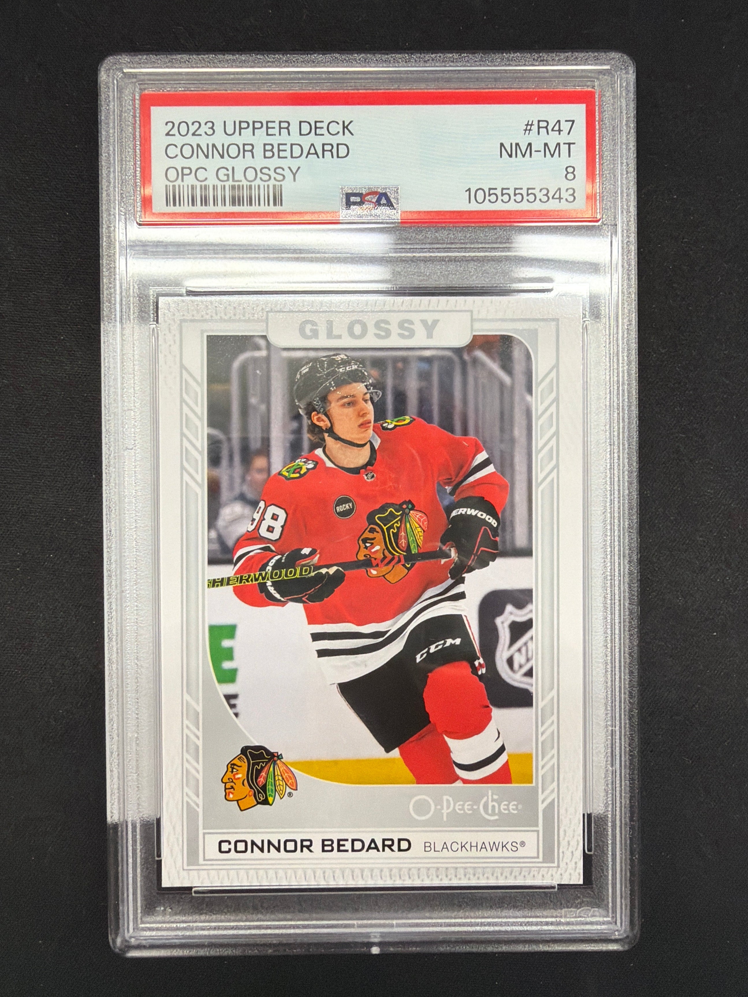 2023 Upper Deck Connor Bedard OPC Glossy PSA NM-MT 8