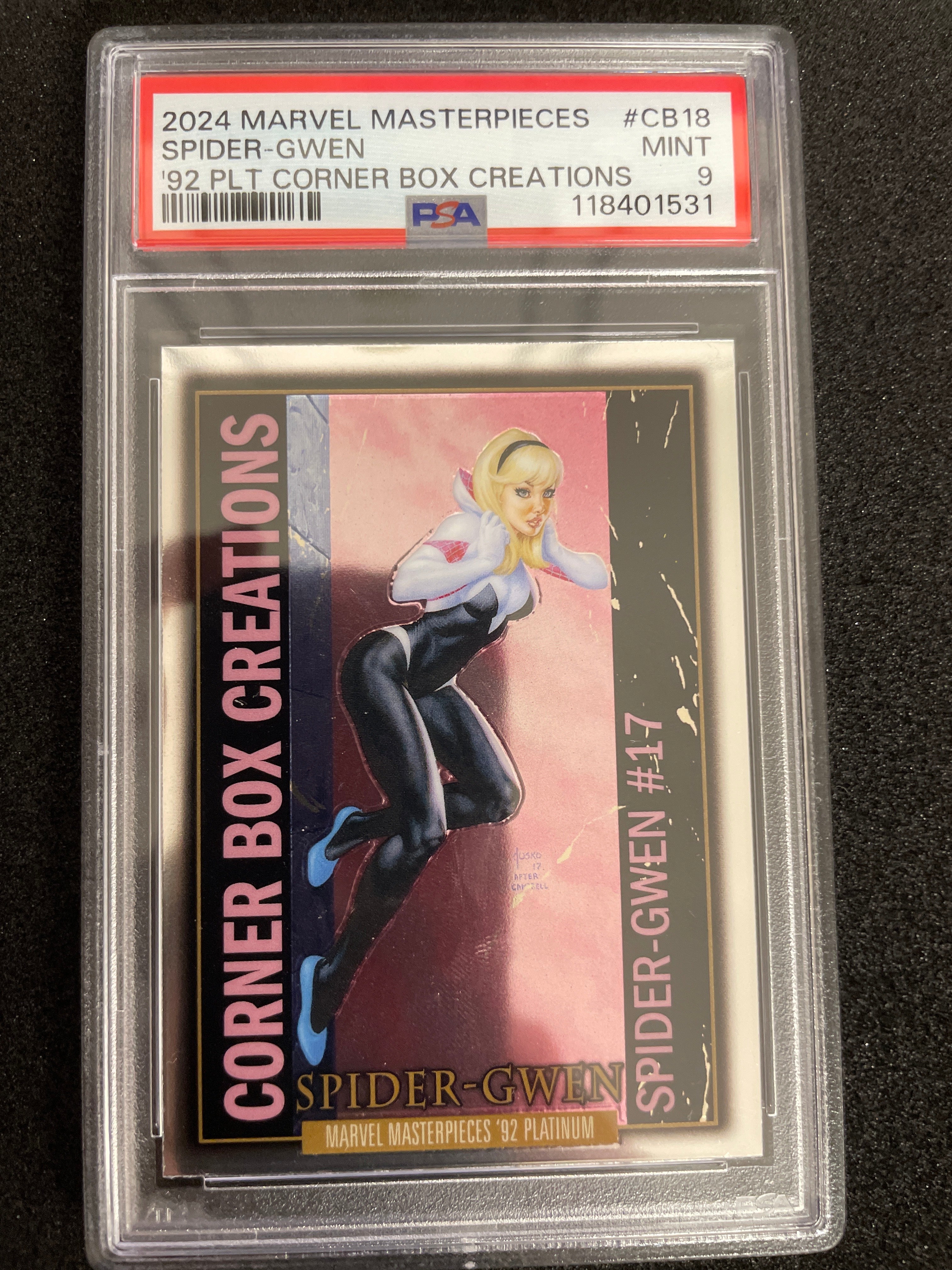 2024 Marvel Masterpieces Spider-Gwen ‘92 Plt Corner Box Creations Mint PSA 9